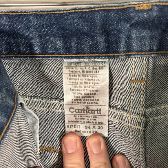 Carhartt Jeans Men's 34x30 Dark Wash Blue Denim Relaxed Fit Work Pants Cotton - Picture 8 of 12